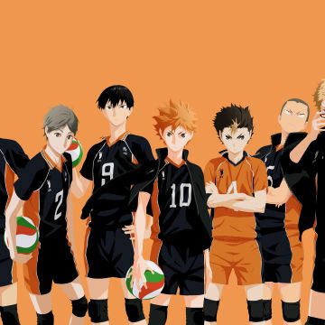 Haikyuu, Character art, Orange background, Shoyo Hinata, Yu Nishinoya