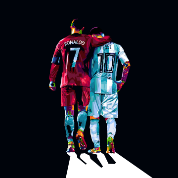 Cristiano Ronaldo, Lionel Messi, Pop Art, Dark background, 5K, 8K