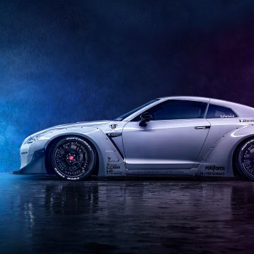 Nissan GT-R R35, Neon, Digital Art, Smoke, Dark background, Dark aesthetic