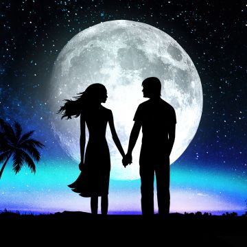 Love couple, Hands together, Dreamlike, Silhouette, Moon, Surrealism, Dark theme, Starry sky, 5K
