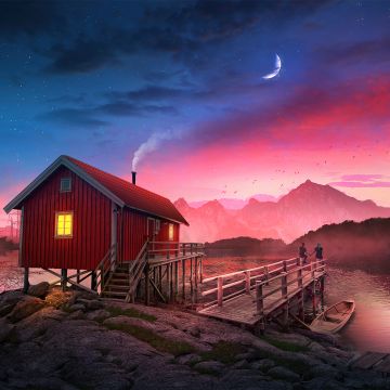 Cozy, Cabin, Sunset, Couple, Romantic, Crescent Moon, Aesthetic, Tranquility, Serene, Peaceful, Wooden pier