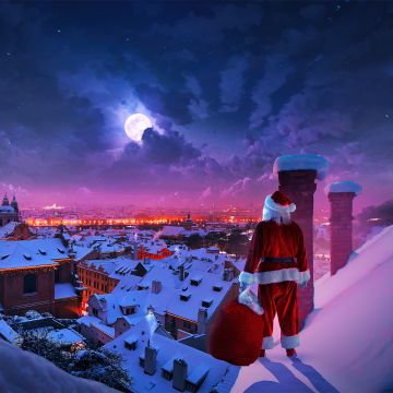 Santa Claus, Christmas Eve, Full moon, Winter, Rooftop, Aesthetic Christmas