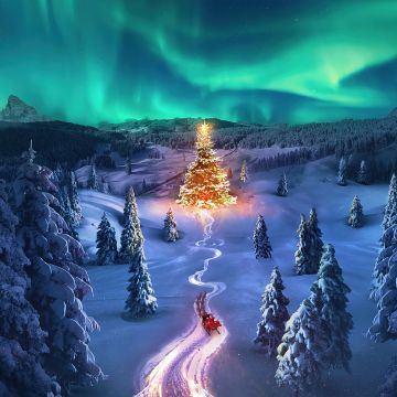 Christmas tree, Aurora sky, Snowy Trees, Aesthetic Christmas, Santa Claus chariot, Photorealistic, Winter Road