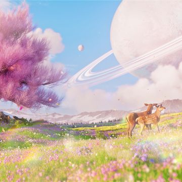 Magical, Landscape, Saturn, Surreal, Deer, Timeless, Solitude, Harmony, Peaceful, Spring, Pink aesthetic, Lone tree