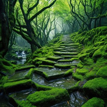 Thick forest, Green aesthetic, Path, Sunlight, Moss, 5K