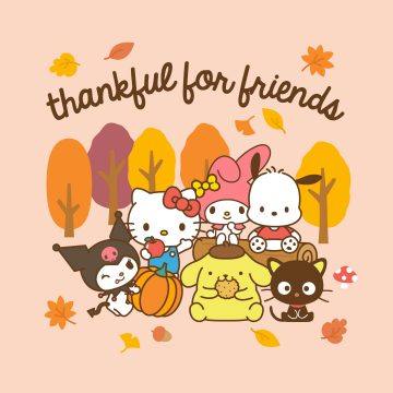 Thankful, Friends, Sanrio, Hello Kitty, Pochacco, Kuromi, Chococat, My Melody, Pompompurin, Cute cartoon, Autumn, Pastel background, 5K