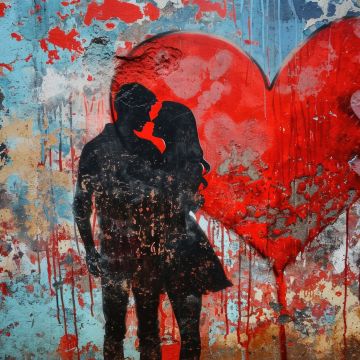 Love couple, Romantic, Valentine, Love heart, Red heart, Illustration, Wall, 5K