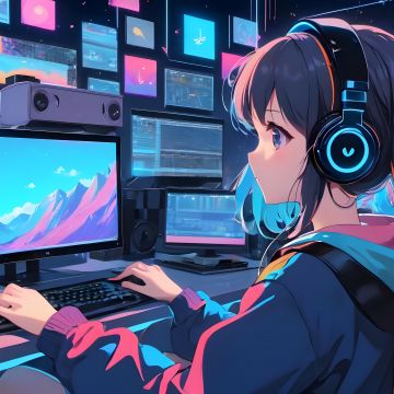Anime girl, Working, Lofi girl, 5K, AI art, Headphones