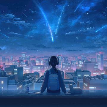 Your Name, Anime girl, Mitsuha Miyamizu, Lofi, Kimi no Na wa, Comet Tiamat, Celestial, Shooting stars