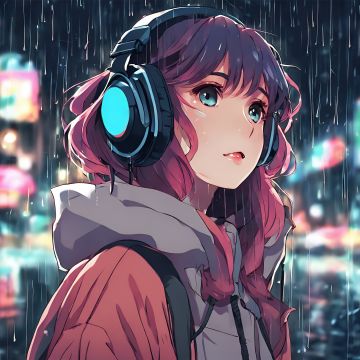 Lofi girl, AI art, Listening music, Headphones, 5K, Raining