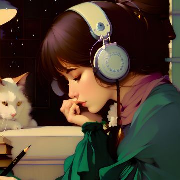 Lofi girl, Headphones, Listening music, Cat, Alone, 5K, Cozy