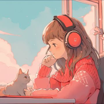 Lofi, Anime girl, AI art, Alone, Cat