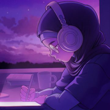 Lofi girl, Listening music, Purple aesthetic, Night, 5K, Headphones