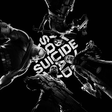 Suicide Squad: Kill the Justice League, Black and White, Monochrome, Black background, Deadshot, Captain Boomerang, King Shark, Harley Quinn, DC Comics, 2024 Games