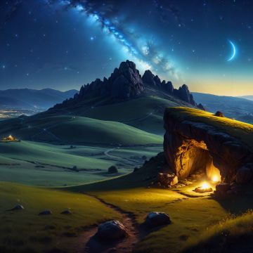Cave, Night, Landscape, Starry sky