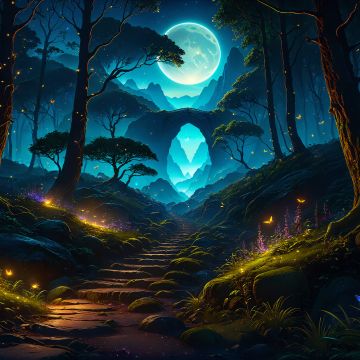 Magical forest, Night, Butterflies, Moon, Glowing, Tall Trees, Stones, Pathway, AI art