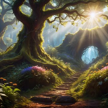 Mystical Forest, Path, Sunlight, AI art, Surrealism