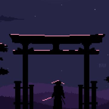 Samurai, Pixel art, Torii gate, Japanese tradition, Dark aesthetic, Retro style