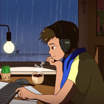 Lofi boy, Listening music, Indoor, Working, Alone, Kaws, Desk