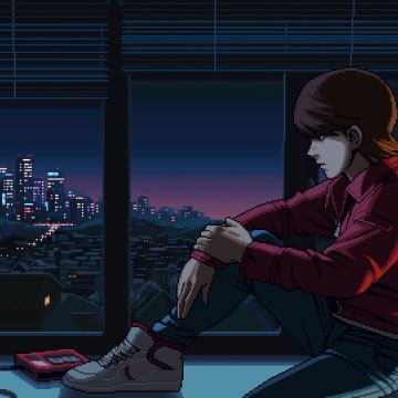 Lofi boy, Pixel art, Retro style, City Skyline, Night, Window