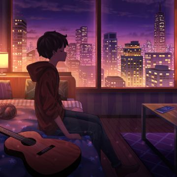 Lofi boy, Guitar, Lonely, Cityscape, Night City, Window, Bedroom, Indoor, City Skyline