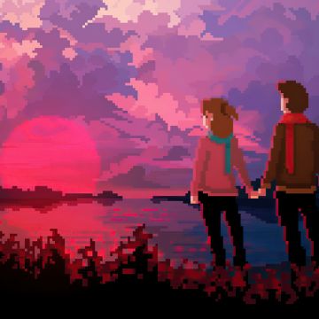 Love couple, Pixel art, Sunset, Retro style, Hands together