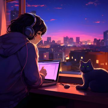 Lofi girl, Night, Cat, Window, City lights, Listening music