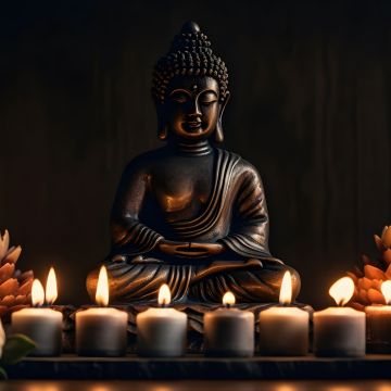Gautama Buddha, Spiritual, Statue, Lord Buddha, Dark background, 5K, Buddhism, Candle lights, AI art