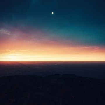 Moon, Sunset, Horizon, Dusk, Mountain, 5K