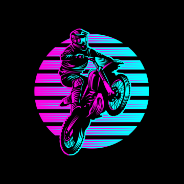 Motocross Motorcycle, Neon art, RetroWave art, Black background, 5K, AMOLED, Stuntman