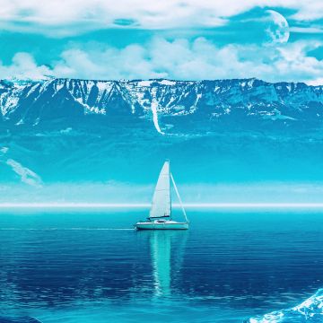 Sailing boat, Mountains, Ocean, Blue aesthetic, Ocean blue, 5K