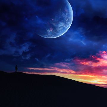 Dune, Silhouette, Sunset, Man, Planet, Dreamy, 5K, Cloudy Sky