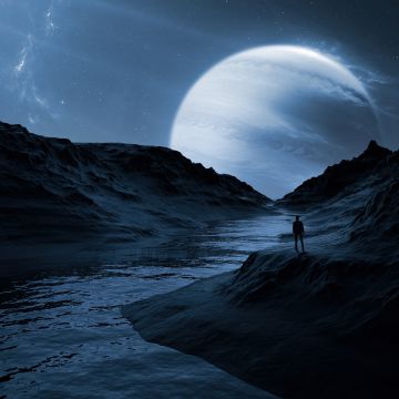 Man, Planet, River, Silhouette, Dreamlike, Digital composition, 5K