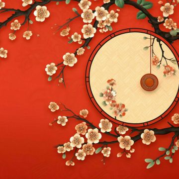 Chinese New Year, Tradition, Sakura, Floral designs, Red background, Lunar New Year