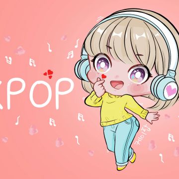 K-pop, Chibi, Finger heart, Cute Girl, Listening music, Dancing, Pastel orange, Pastel background, 5K, Red hearts, Girly backgrounds