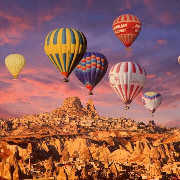 Hot air balloons, Cappadocia, Golden hour, Rock formations, Town, Tourist attraction, Turkey