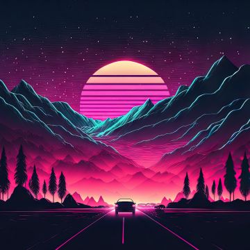 Highway, Outrun, AI art, Neon, Retrowave, Synthwave, Sunset, Mountains, 5K