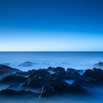 Seascape, Blue, Horizon, Clear sky, Ocean, Rocks, Sunrise, Dawn, Blue Sky, 5K