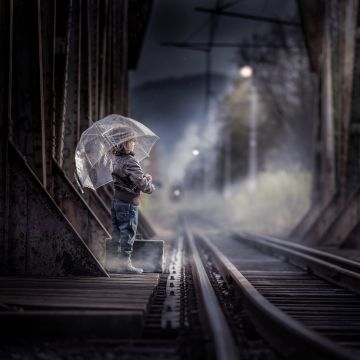 Cute Girl, Railway track, Train station, Umbrella, Rainy day, 5K