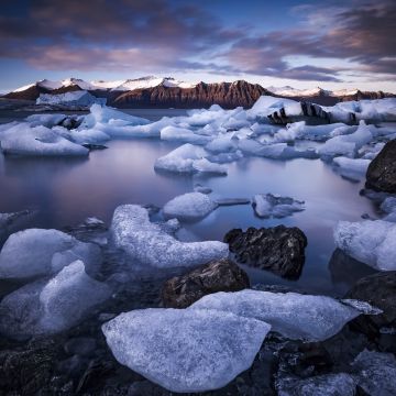 Jokulsarlon Glacier Lagoon, Iceland, Ice bergs, Mountains, Landscape, 5K