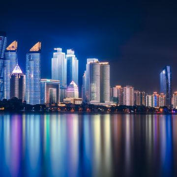 Qingdao, China, Night, Cityscape, City lights, Reflections, 5K