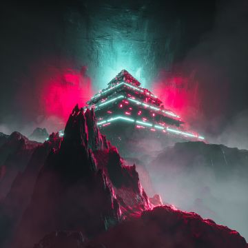 Alien, Pyramid Structure, Neon background, Mountains, 5K