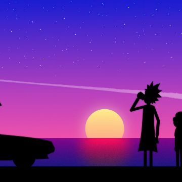 Rick and Morty, Back to the Future, Silhouette, Sunset, Horizon, DMC DeLorean, Rick Sanchez, Morty Smith