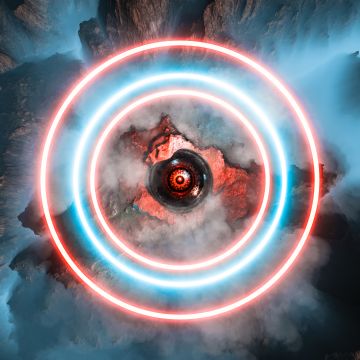 Neon circles, Eye Illustration, Mountains, Aerial view, Science fiction, 5K, 8K