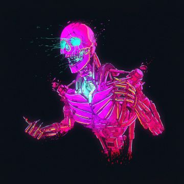 Neon, Skeleton, Cyberpunk, RetroWave art, Skull, Dark background