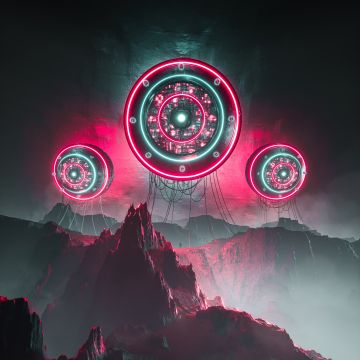 Aliens, Spaceship, Neon background, Futuristic, Digital Art, Mountains, 5K