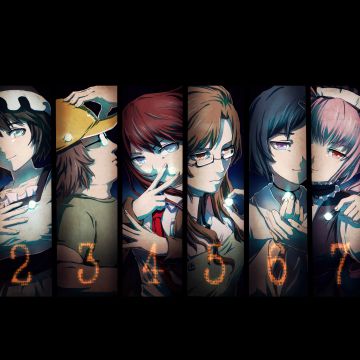 Steins;Gate, Black background, Anime series, Luka Urushibara, Itaru Hashida, Mayuri Shiina, Suzuha Amane, Faris Nyannyan, Rintaro Okabe, Kurisu Makise, Moeka Kiryū