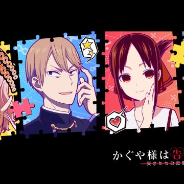 Kaguya-sama: Love is War, Black background, Chika Fujiwara, Miyuki Shirogane, Yuu Ishigami, Kaguya Shinomiya, 5K
