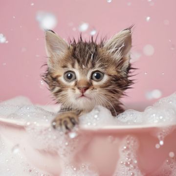 Cute Kitten, Bath time, Soap Bubble, AI art, 5K, Closeup