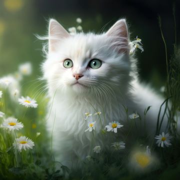 White fur, Kitten, Daisy flowers, Green Grass, White aesthetic, 5K, AI art